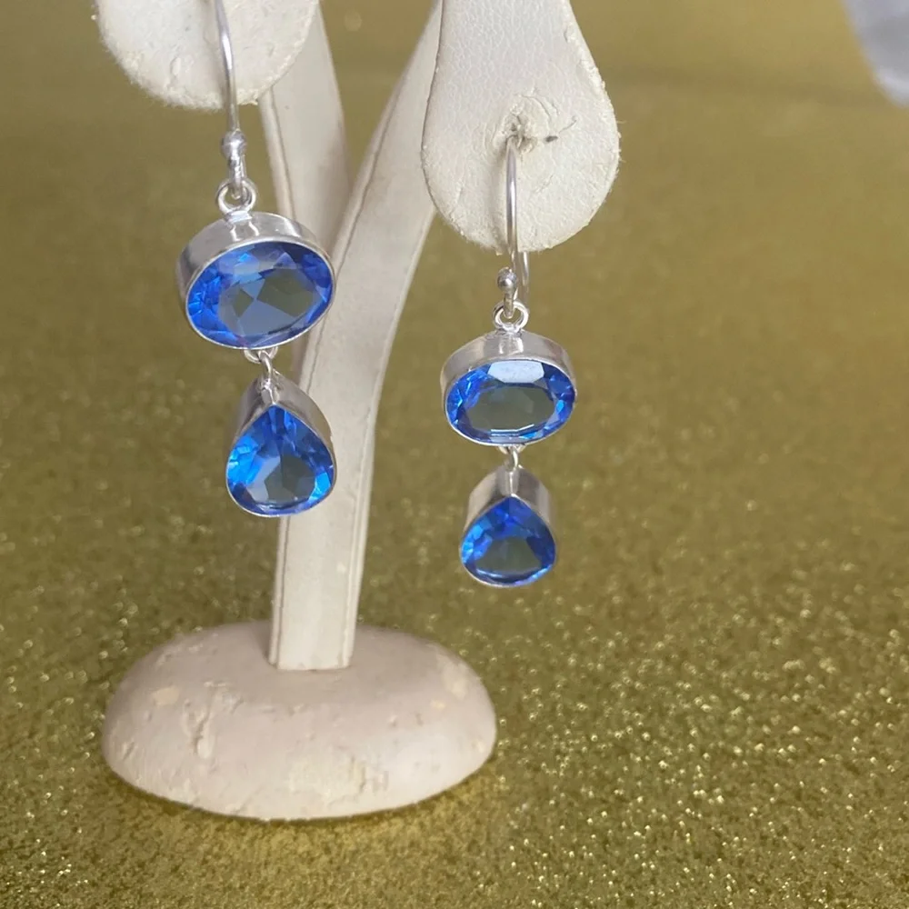 Sterling Silver 925 Blue Tanzanite Double Drop Earrings 4.5cm - Picture 5 of 8